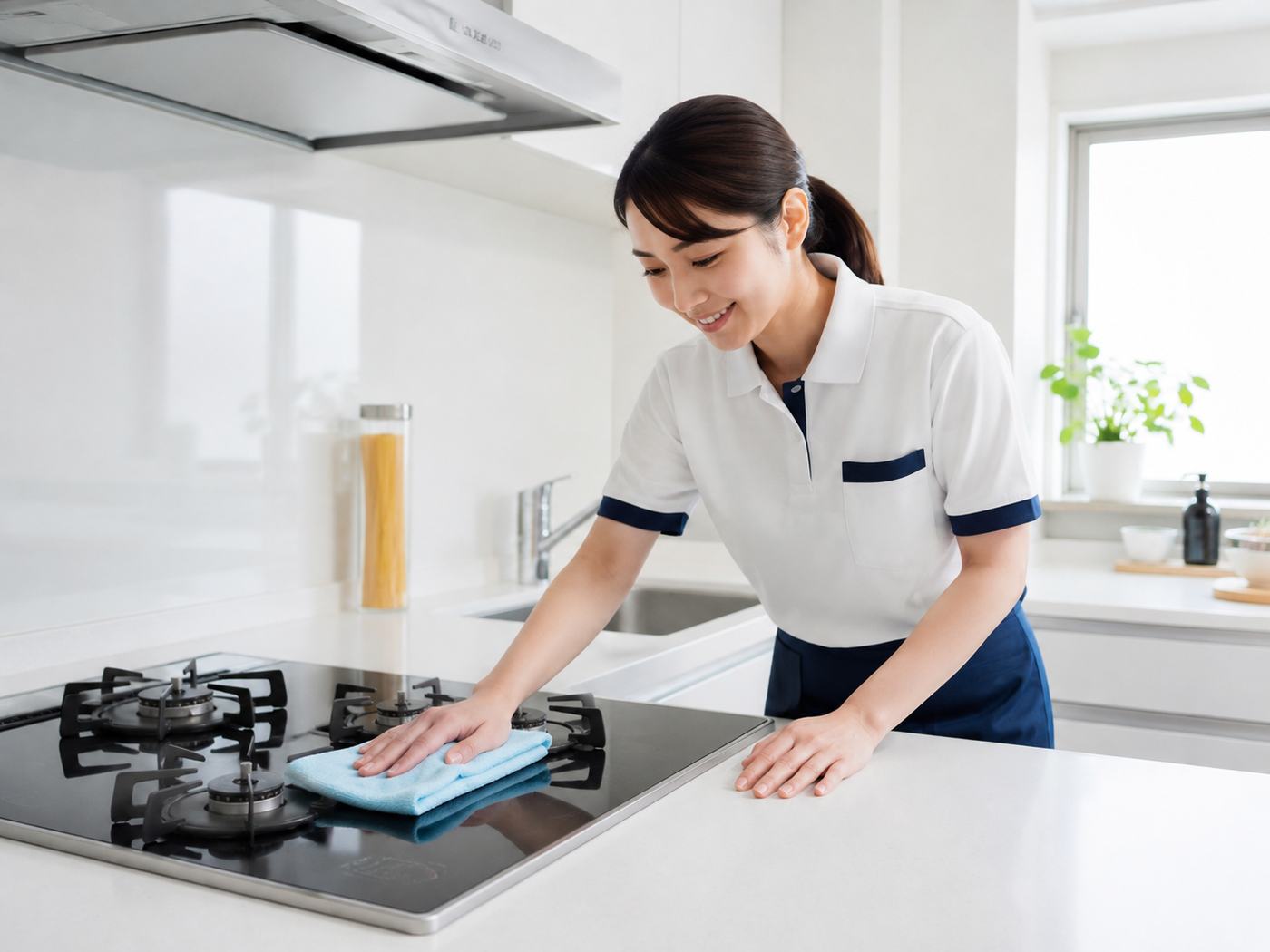 明るいキッチンでスタッフが水回りを清掃している様子