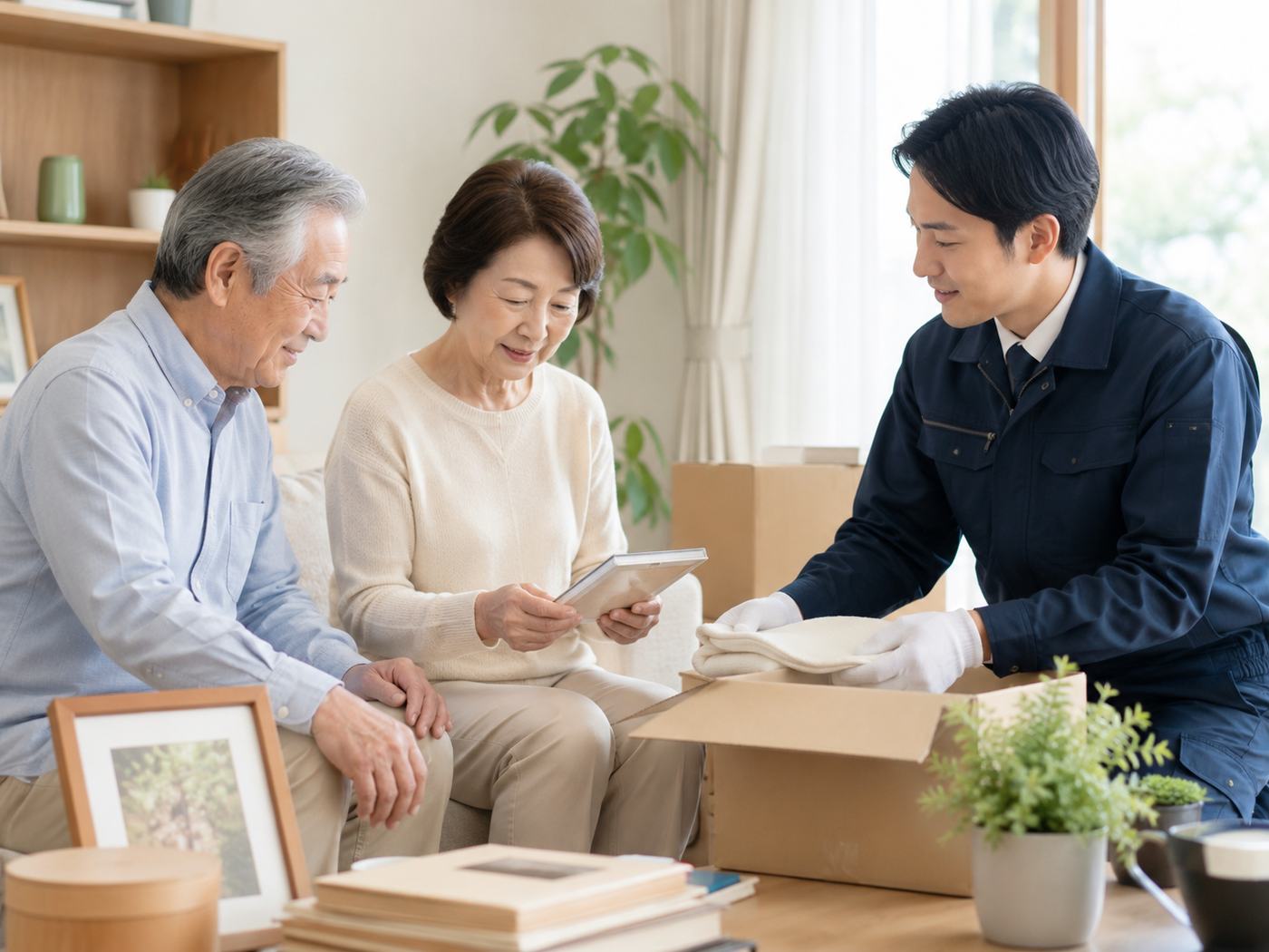 スタッフがご家族と思い出の品を確認しながら遺品整理を進める様子