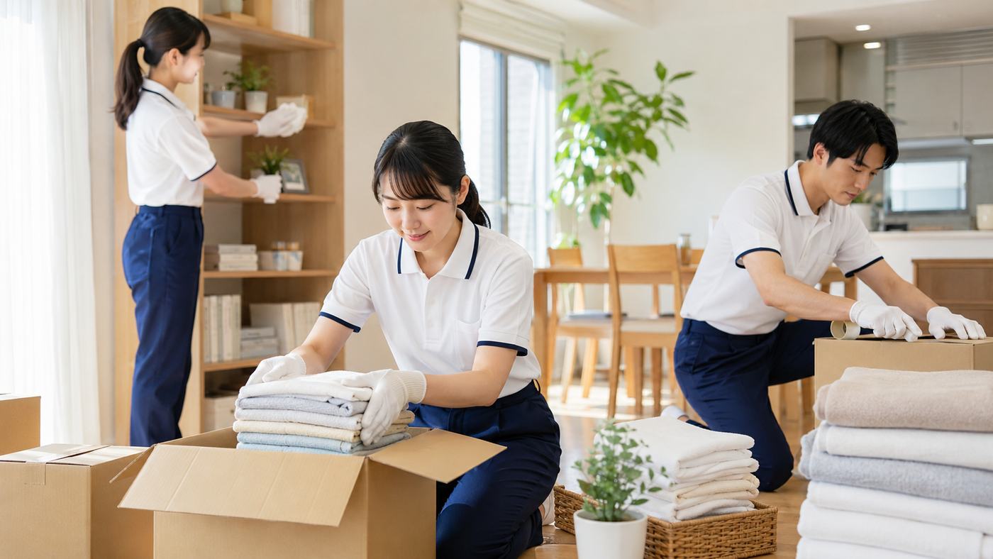 スタッフが室内で整理・収納作業を行っている様子